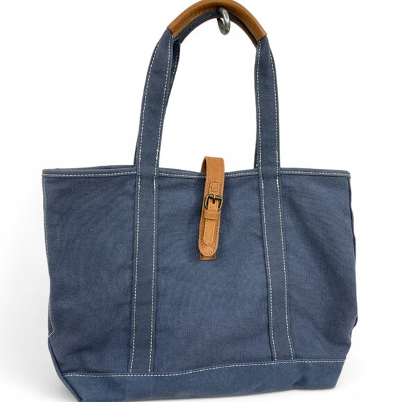 L.L. Bean Blue Cotton Canvas Leather Tote Bag Women's Multiple Pockets - Picture 1 of 9